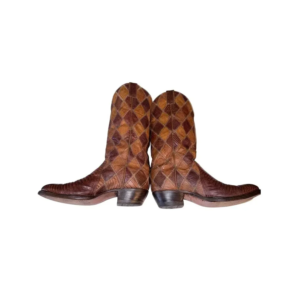 Vintage men’s Justin brown leather patchwork boots lizard country western 10EE